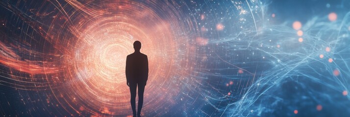 Aufkleber - Silhouette of a person amidst an abstract whirlwind representing loneliness and isolation in a digital landscape. Generative AI