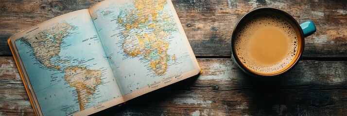 Leinwandbilder - Enjoying a warm cup of coffee while exploring a travel guide on a cozy wooden surface. Generative AI