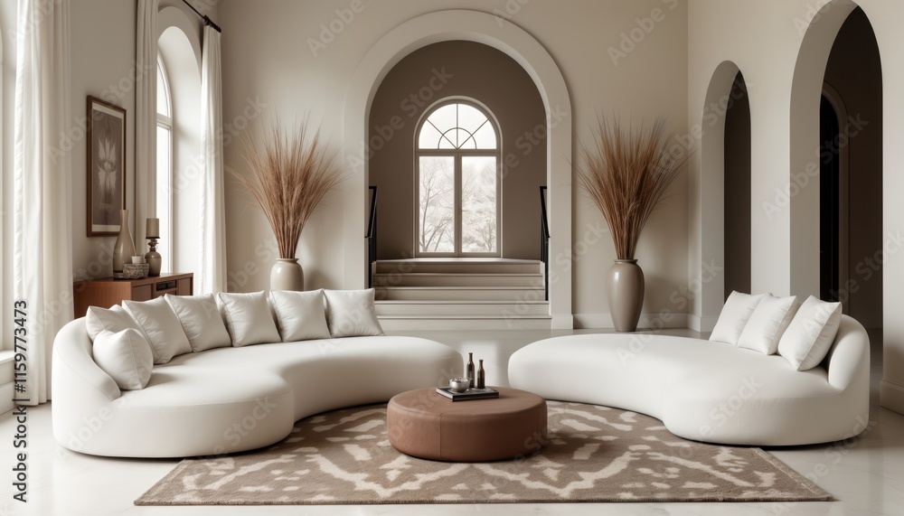 Modern white curved sofa in luxurious foyer. Elegant, minimalist ...