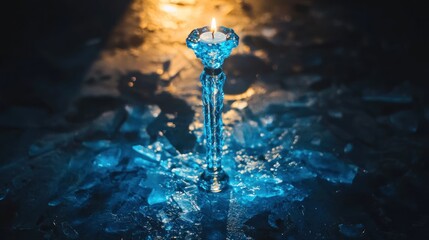 Poster - Lit candle in crystal holder on ice.