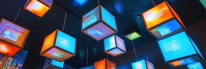 Leinwandbilder - Floating cubes display abstract text and symbols in a modern indoor space filled with vibrant colors and dynamic lighting. Generative AI