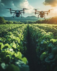 Aufkleber - An agricultural landscape transformed by robot farmers, utilizing automated systems, drones, and AI to revolutionize the farming process and enhance productivity