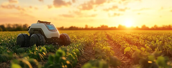 Poster - An innovative robot farmer in a field, using cuttingedge agricultural technology to plant crops and optimize harvests, showcasing the future of farm automation