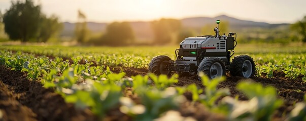 Poster - An innovative robot farmer in a field, using cuttingedge agricultural technology to plant crops and optimize harvests, showcasing the future of farm automation