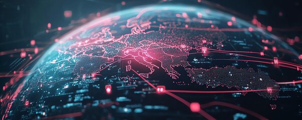Aufkleber - A digital globe with interconnected data streams, glowing network hubs, and flowing lines, showcasing the global reach of modern cyber technologies