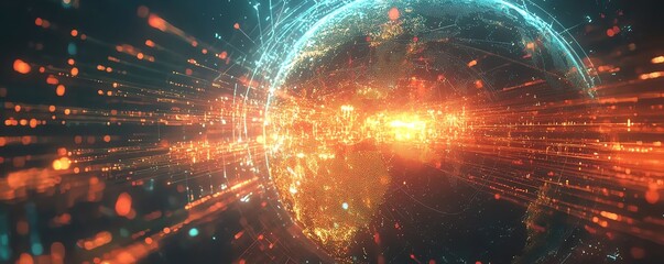 Aufkleber - A digital globe with interconnected data streams, glowing network hubs, and flowing lines, showcasing the global reach of modern cyber technologies