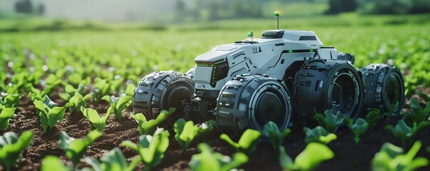 Poster - A futuristic robot farmer operating advanced farming machinery, revolutionizing agriculture with automated planting, harvesting, and crop management technology