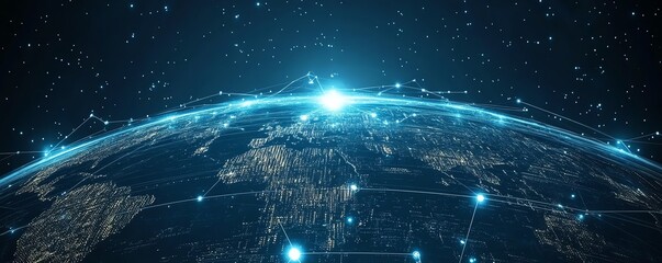 Aufkleber - A hightech digital globe with interconnected nodes, data transfer lines, and cybernetic elements, representing global communication and technology advancement