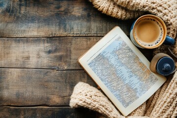 Aufkleber - Cozy travel flatlay with a cup of coffee and an open travel guide on a wooden table with a knitted scarf. Generative AI