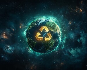 Wall Mural - A peaceful Earth seen from space, with the continents wrapped in green and a bold, glowing recycling symbol hovering above, representing a sustainable future