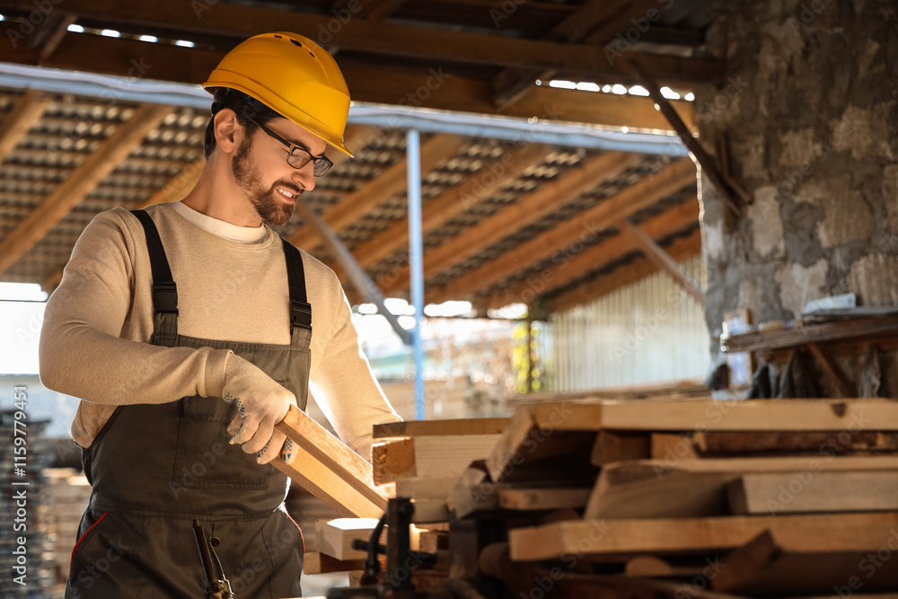 Male carpenter with wooden planks working at sawmill
