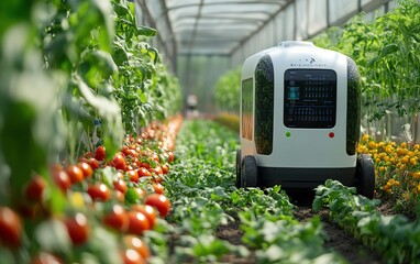 Poster - A robotic farming system featuring autonomous machines and AIpowered tools transforming agriculture with precision planting, watering, and harvesting