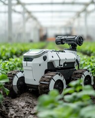 Poster - A sleek robot farmer operating on a hightech farm with automated equipment for crop cultivation and precision agriculture, changing the future of food production