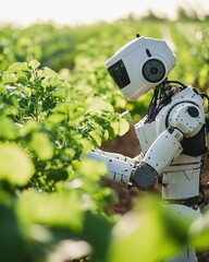 Poster - A sleek robot farmer operating on a hightech farm with automated equipment for crop cultivation and precision agriculture, changing the future of food production