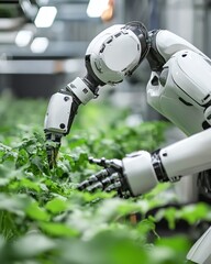 Poster - A sleek robot farmer operating on a hightech farm with automated equipment for crop cultivation and precision agriculture, changing the future of food production