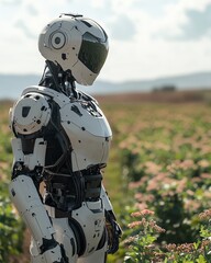 Poster - A sleek robot farmer operating on a hightech farm with automated equipment for crop cultivation and precision agriculture, changing the future of food production