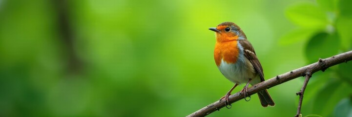 Wall Mural - Vibrant European robin, perched on a twig, lush green foliage , cute, forest