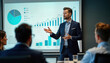© Maryna - Businessman giving presentation to audience. Data graphs, charts displayed on projector screen. Meeting in office setting. Team collaboration in progress. Pro discussion about business strategy,