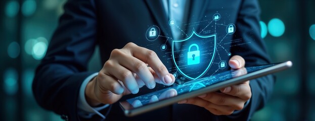 Wall Mural - businessman uses tablet for cyber security, data protection. digital shield, lock graphic appears on