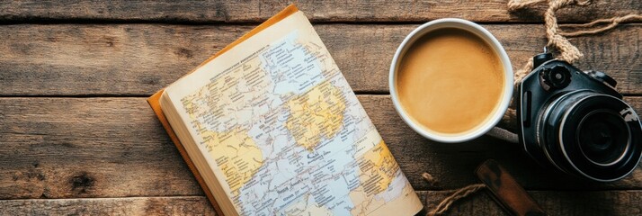 Aufkleber - Enjoying a warm cup of coffee while exploring a travel guide on a rustic wooden surface during a cozy afternoon. Generative AI
