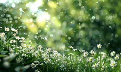 Wall Mural - White flowers in sunlit, bokeh-detailed green meadow