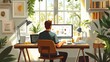 © Dari - Focused Man Working at Home Office Desk, Sunlit Room, Plants