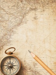 Poster - Vintage map with compass and pencil ready for adventure and exploration in an old world setting. Generative AI