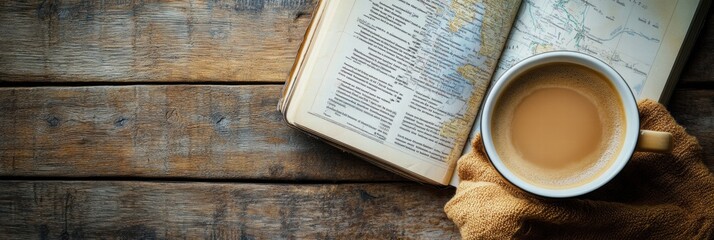 Aufkleber - Exploring travel destinations with a warm cup of coffee and a guide on a cozy wooden table. Generative AI