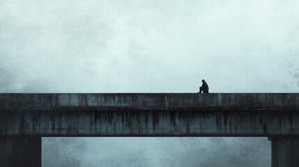 Poster - Lone figure resting quietly on a foggy bridge amidst an atmosphere of solitude and reflection. Generative AI