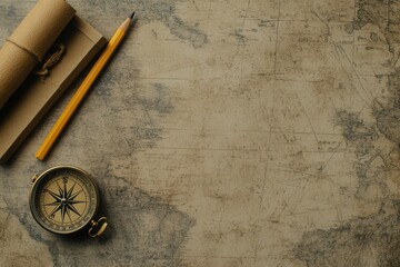 Poster - Exploring vintage navigation tools with a compass and pencil on a detailed map background for creative projects. Generative AI