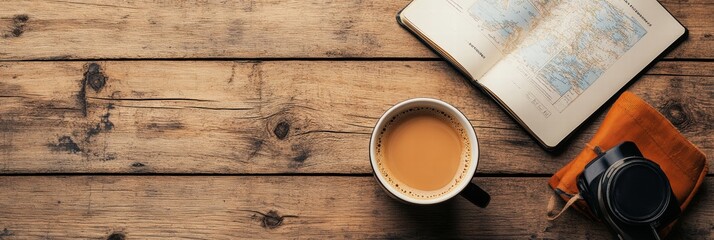 Aufkleber - Cozy travel flatlay with cup of coffee and open travel guide on rustic wooden table in morning light. Generative AI