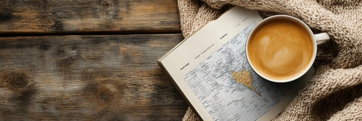 Aufkleber - Cozy travel flatlay featuring a cup of coffee and an open travel guide on a rustic wooden surface in a serene setting. Generative AI
