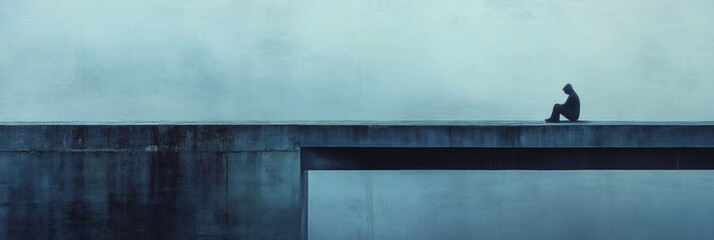 Aufkleber - Loneliness is felt on a foggy bridge as a solitary figure sits in quiet reflection. Generative AI