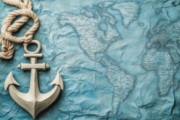 Poster - Nautical map with decorative anchor and rope displaying oceanic exploration and adventure. Generative AI