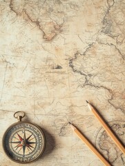 Poster - Vintage map with compass and pencils inviting exploration and adventure in historical geography. Generative AI