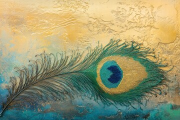 Poster - Close up view of an intricately textured peacock feather showcasing vibrant colors and unique patterns. Generative AI