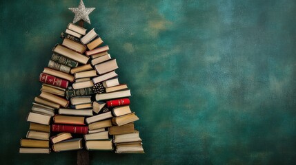 Aufkleber - Creative Christmas tree made of stacked books on green background in unique holiday display. Generative AI