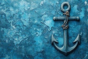 Poster - Beautiful nautical anchor against a textured blue background with space for text for your creative projects. Generative AI