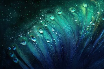 Poster - Close up view of peacock feather adorned with dew drops on a serene morning. Generative AI