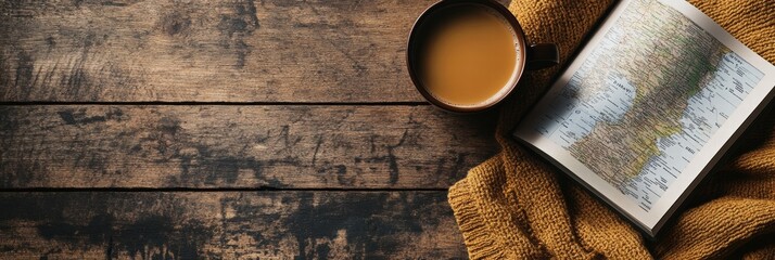 Poster - Cozy travel setup with a warm cup of coffee and an open guide on a rustic wooden table. Generative AI