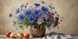 © Kingphet - Oil painting of a simple yet elegant cornflower and apple bouquet on a canvas background, arrangement, cornflowers