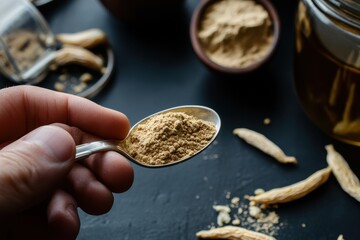 Human hand with a spoonful of ginseng powder for a wellness beverage