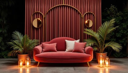  A red velvet sofa with white pillows and two gold-framed mirrors is set against a dark red curtain backdrop, accompanied by two potted plants and lit candles.