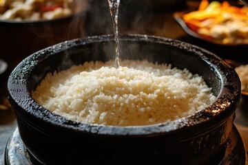 Canvas Print - Place rice in a stone pot and add water for immediate traditional Korean cooking