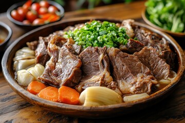 Canvas Print - Popular Taiwanese beef noodle dish with sliced braised shank tripe and vegetables on a wooden table