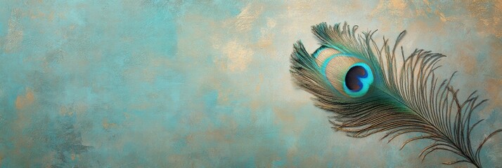 Poster - Close up of a vibrant peacock feather displaying intricate textures and patterns with room for text placement in bright colors. Generative AI