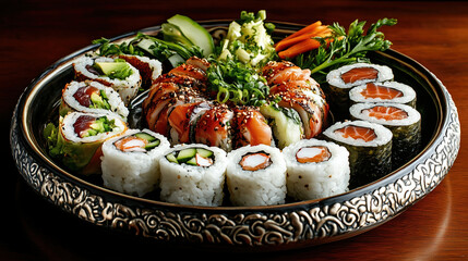 Wall Mural - Delicious sushi platter with various rolls and fresh vegetables Generative Ai