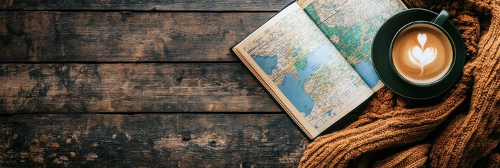 Aufkleber - Cozy flatlay featuring a warm cup of coffee beside an open travel guide on rustic wooden surface. Generative AI