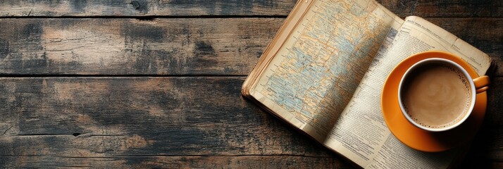 Aufkleber - Cozy flatlay with warm coffee and an open travel guide on rustic wooden table ready for adventure planning. Generative AI
