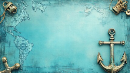 Leinwandbilder - Nautical map with anchor and decorative elements on teal background featuring ample space for text. Generative AI